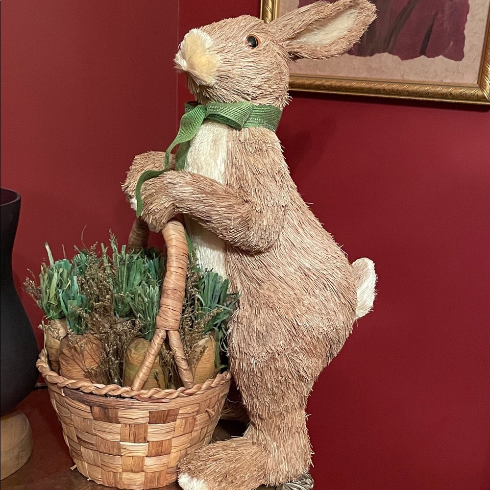 Straw Bunny with Basket and Green Scarf